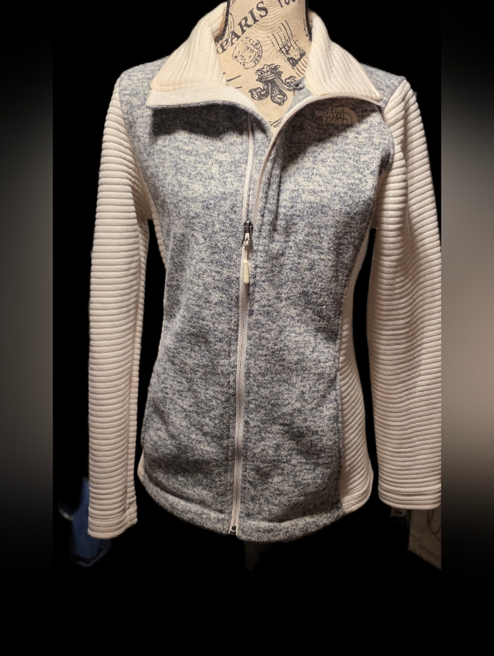 The North Face Indi Rib Knit Full Zip Fleece Jacket Gray Cream Women’s Med